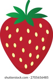 Ilustração de vetor plano de um morango vermelho fresco com folhas verdes e sementes amarelas, isolado em um fundo branco. Ideal para ícones, logotipos e projetos de alimentos saudáveis.