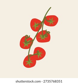 Flat Vector Illustration of Fresh Red Cherry Tomatoes on a Green Vine, Organic Garden Vegetables for Healthy Food Branding, Minimalist Botanical Clip Art Isolated on Plain Background for Recipes