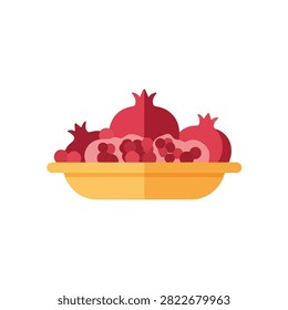 Flat Vector Illustration of Fresh Red Pomegranates and Juicy Seeds Served in a Yellow Ceramic Bowl