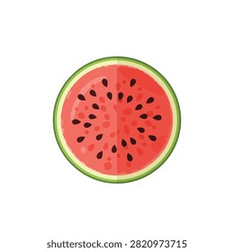 Flat Vector Illustration of a Fresh Round Watermelon Slice with Red Pulp and Seeds on White Background