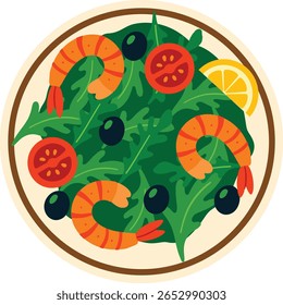 Ilustração vetorial plana de uma salada fresca com camarão, rúcula, tomates cereja, azeitonas pretas e uma fatia de limão. Este prato saudável e colorido é perfeito para cardápios de frutos do mar, receitas de verão