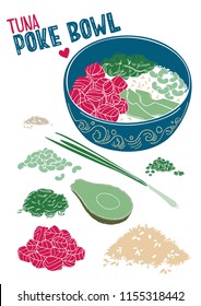 Flat vector illustration of fresh and tasty tuna poke bowl. With raw ingredients for poke bowl.  Isolated elements with hand drawn lettering