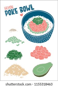 Flat vector illustration of fresh and tasty salmon poke bowl. With raw ingredients for poke bowl.  Isolated elements with hand drawn lettering