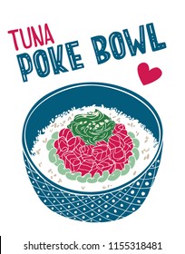 Flat vector illustration of fresh and tasty tuna poke bowl.  Isolated elements with hand drawn lettering