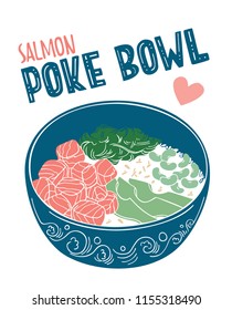 Flat vector illustration of fresh and tasty salmon poke bowl.  Isolated elements with hand drawn lettering