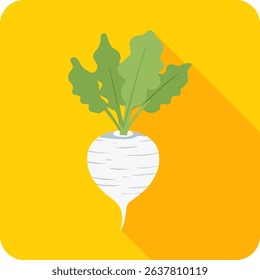 Flat vector illustration of a fresh white turnip with green leaves on a yellow background. Ideal for food, farming, gardening, and healthy lifestyle themes.