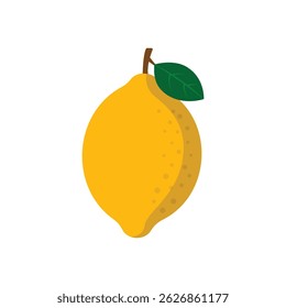 Flat vector illustration of a fresh yellow lemon with a green leaf and stem. Clean and minimal design style for food-related use.
