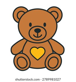 A flat vector illustration of a friendly brown teddy bear sitting down featuring a bright yellow heart on its chest on a white background