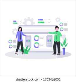 Flat vector illustration of friendly customer service representatives serving customers well via telephone and live chat,  landing page, ui, mobile app and website