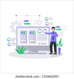 Flat vector illustration of friendly customer service representative serving customers well via telephone and live chat,  landing page, ui, mobile app and website