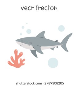 A flat vector illustration of a friendly grey shark swimming underwater next to a small orange coral reef piece