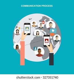 Flat vector illustration. Friends list, hand with smartphone and map. Social network. Global communication.