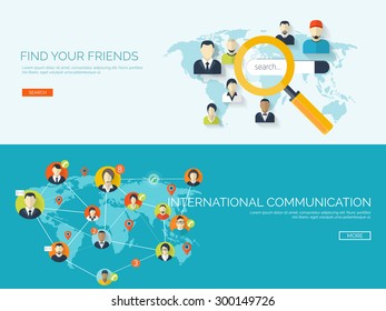 Flat vector illustration. Friends search and social network, global communication. Chatting.