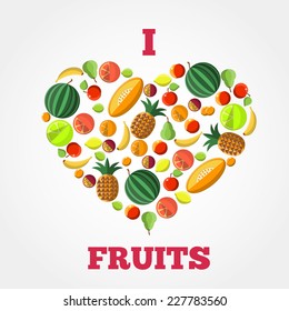 Flat Vector Illustration of Fruits Fresh Food for Design, Website, Background Banner. Template for Healthy Diet Concept With Apple, Lemon, grape, Orange, Pine Apple, passion, Melon, Watermelon, Banana