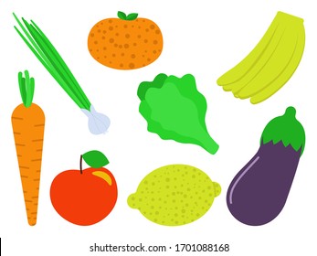 Flat vector illustration: fruits and vegetables. Bananas, apple, green onions, eggplant, lettuce, orange, lemon.