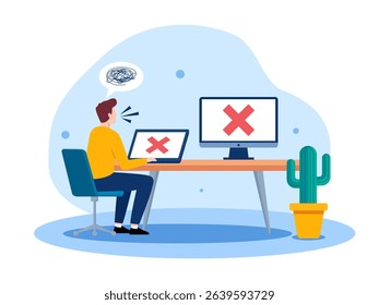 Flat vector illustration of frustrated man facing system error on laptop and desktop screens while working from home. Red cross error icon indicating failure, technical issue, or connection problem.