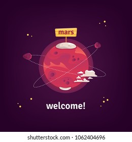 Flat vector illustration of funny cartoon planet Mars with Phobos and Deimos in space. Concept of conquest of Mars.