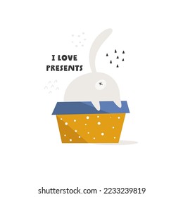 Flat vector illustration with funny cat in a holiday box. Perfect for holiday prints, greeting cards, frame art