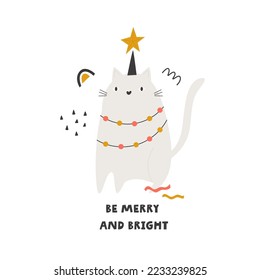 Flat vector illustration with funny cat in Christmas garland. Perfect for holiday prints, greeting cards, frame art
