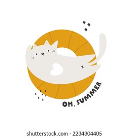 Flat vector illustration with a funny cat lying on floating ring. Perfect for prints, greeting cards, frame art