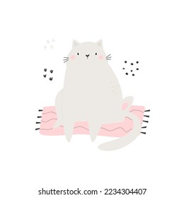 Flat vector illustration with a funny cat on a pink carpet. Perfect for prints, greeting cards, frame art