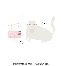 Flat vector illustration of a funny cat sitting with a Birthday cake. Perfect for prints, greeting cards, frame art