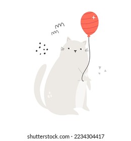 Flat vector illustration of a funny cat sitting with red balloon. Perfect for prints, greeting cards, frame art