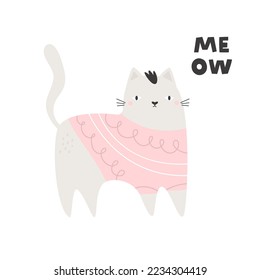 Flat vector illustration of a funny cat wearing pink sweater. Perfect for prints, greeting cards, frame art