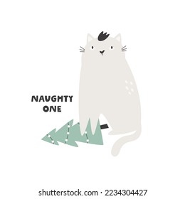 Flat vector illustration with a funny cat and a fallen Christmas tree. Perfect for prints, greeting cards, frame art