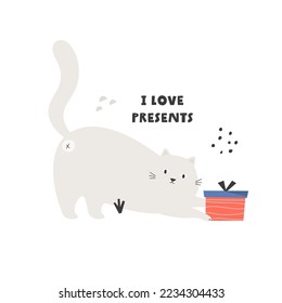 Flat vector illustration of a funny cat playing with gift box. Perfect for holiday prints, greeting cards, frame art