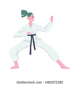 Flat vector illustration of a funny karate girl wearing kimono. European female character. Fight, sport, feminism. Isolated object, white background.
