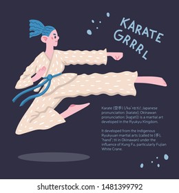 Flat vector illustration of a funny karate girl wearing kimono. European female character. Template for your design, «Karate grrrl» lettering.Fight, sport, feminism. Isolated object, dark background.