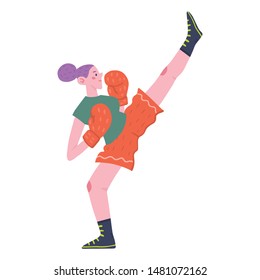 Flat vector illustration of a funny kickboxing girl with red boxing gloves. European female character. Fight, sport, feminism. Isolated object, white background.