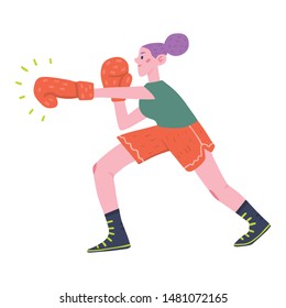Flat vector illustration of a funny kickboxing girl with red boxing gloves. European female character. Fight, sport, feminism. Isolated object, white background.