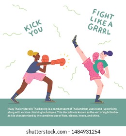 Flat vector illustration of funny kickboxing girls. European and afro-american female characters. Motivational lettering. Fight, sport, feminism. Isolated objects.