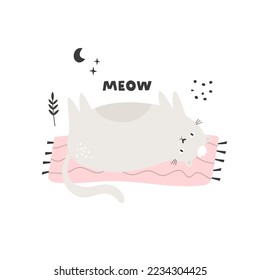 Flat vector illustration of a funny lazy fat cat lying on a carpet. Perfect for prints, greeting cards, frame art