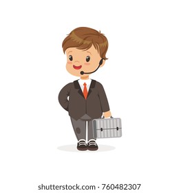 Flat vector illustration of funny little boy in business suit with hands free headset and suitcase in hand. Career choice concept