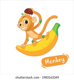 Flat vector illustration of a funny monkey riding a banana like a skateboard in cartoon style