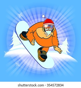 Flat vector illustration of funny orangutan monkey on the snowboard. Made in comic cartoon style. 