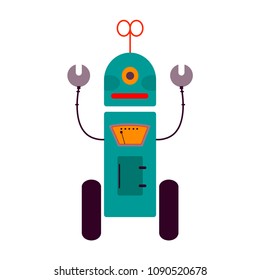 Flat vector illustration of funny robot. Colorful. Isolated on white. 