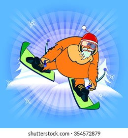 Flat vector illustration of funny skiing orangutan monkey. Made in linear cartoon style.