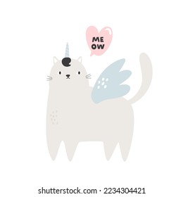 Flat vector illustration of a funny unicorn cat. Perfect for prints, greeting cards, frame art