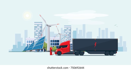 Flat vector illustration of an futuristic white electric semi truck with trailer in modern design charging at the charger station in front of the solar panels and wind turbines and city skyline.