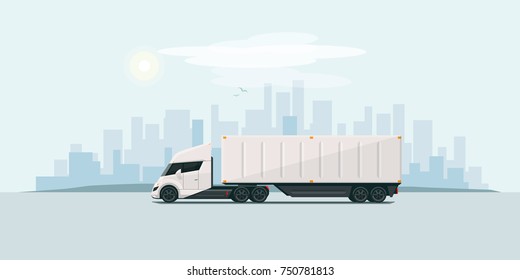 Flat vector illustration of an futuristic white electric semi trailer truck with trailer in modern design with sleeper cabin in the city skyline. Commercial transportation tractor in side view. 