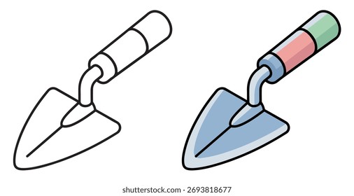 Flat vector illustration of a garden trowel tool, perfect for gardening, construction, or agriculture projects. Includes colored and outline versions for versatile design use.