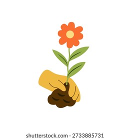 Flat vector illustration of a gardener hand planting a spring flower sprout into soil isolated on white background. Concept of sowing, planting, garden care and growth.