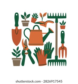 A flat vector illustration of gardening tools