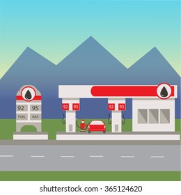 Flat vector illustration gas station. Transport related service building Gasoline and oil station 