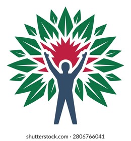 A flat vector illustration of a genderneutral human figure with arms raised, surrounded by green leaves and a red and white abstract energy burst shape on a background.