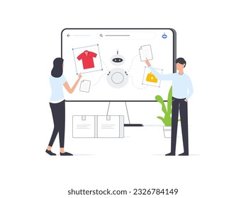 Flat vector illustration of generate image and text for ecommerce platform. Artificial intelligence for ecommerce platform.